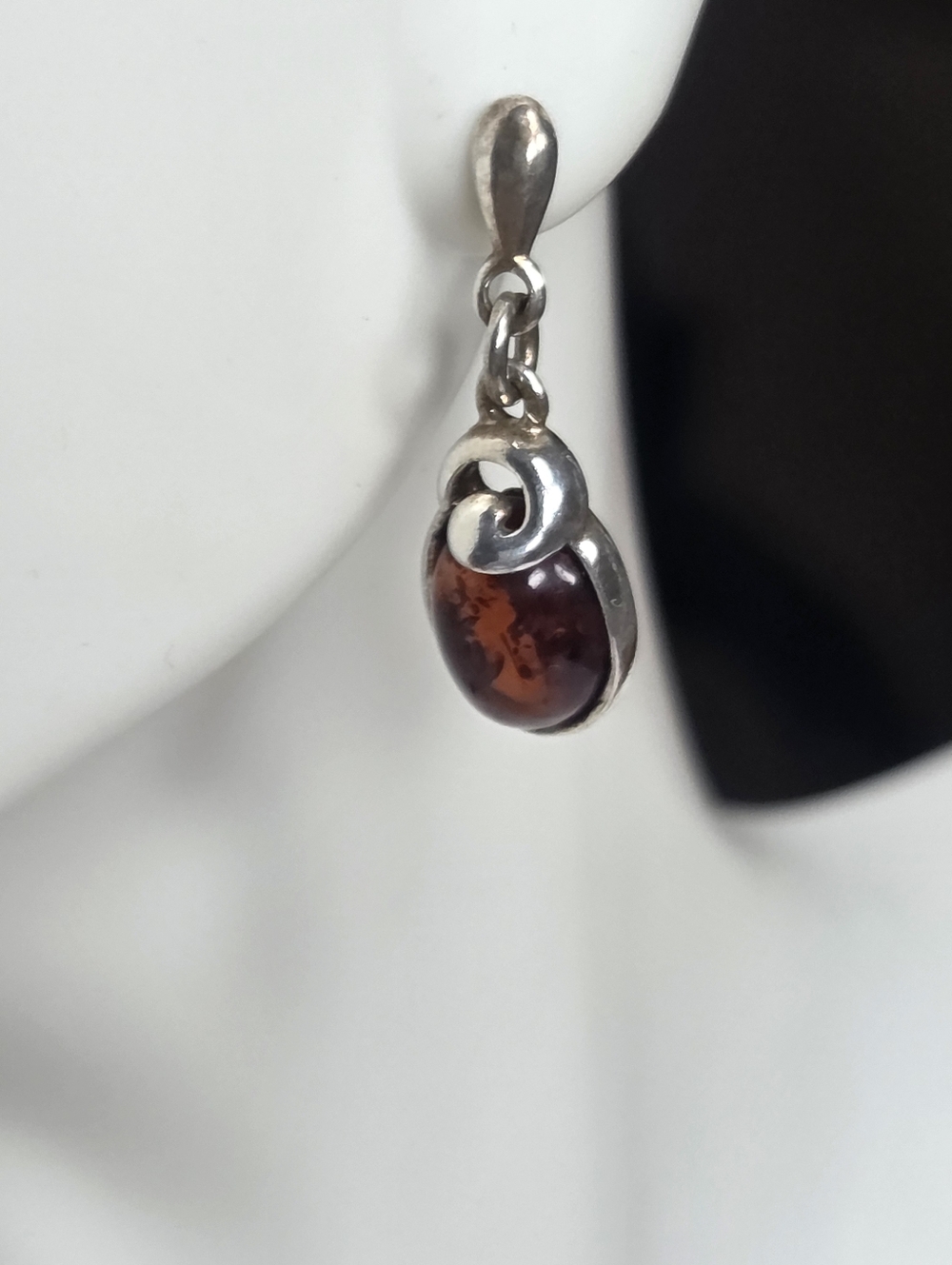 baltic amber cabochon sterling silver dangle drop pierced earrings signed 925
